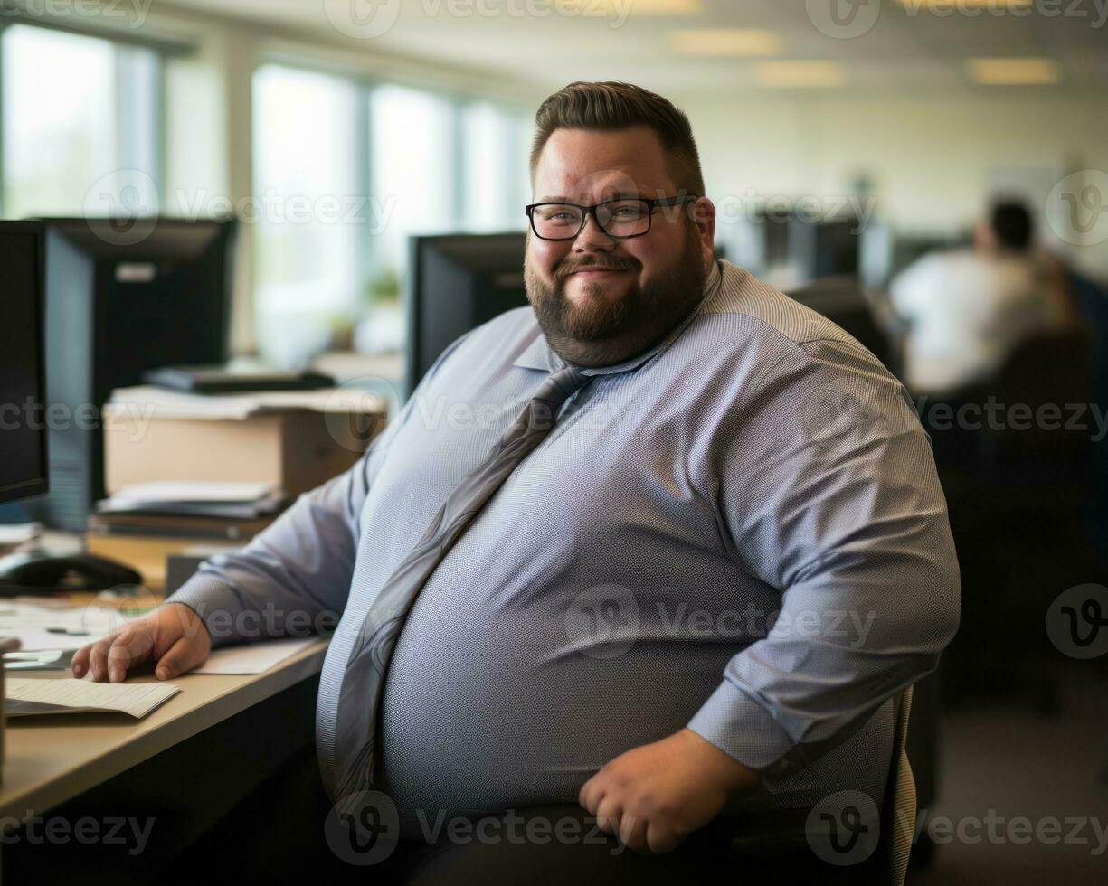 a fat man sitting at a desk in an office generative ai photo