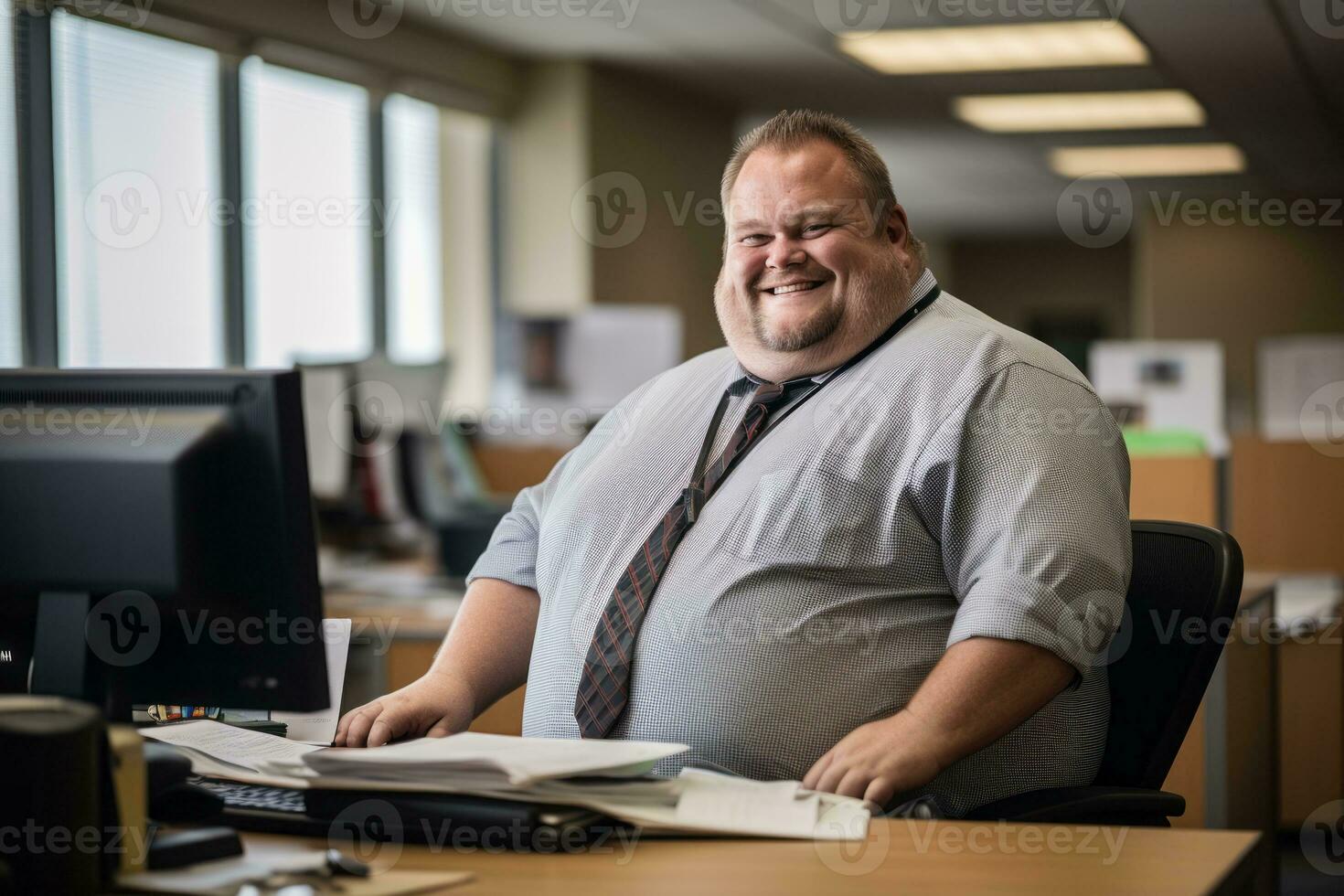 a fat man sitting at a desk in an office generative ai photo
