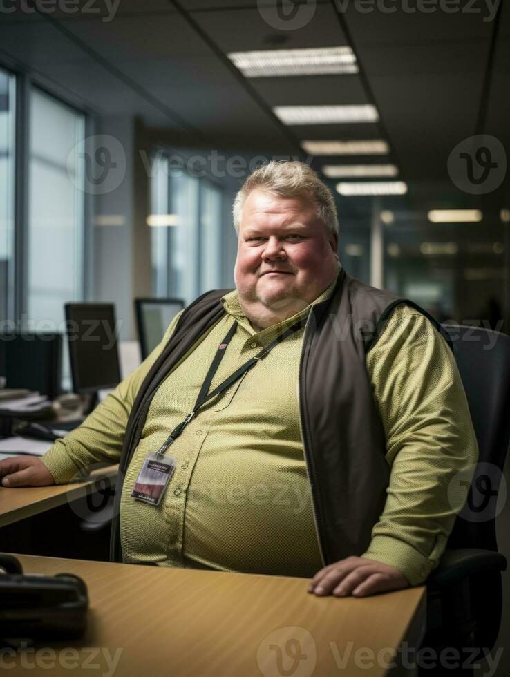 a fat man sitting at a desk in an office generative ai photo