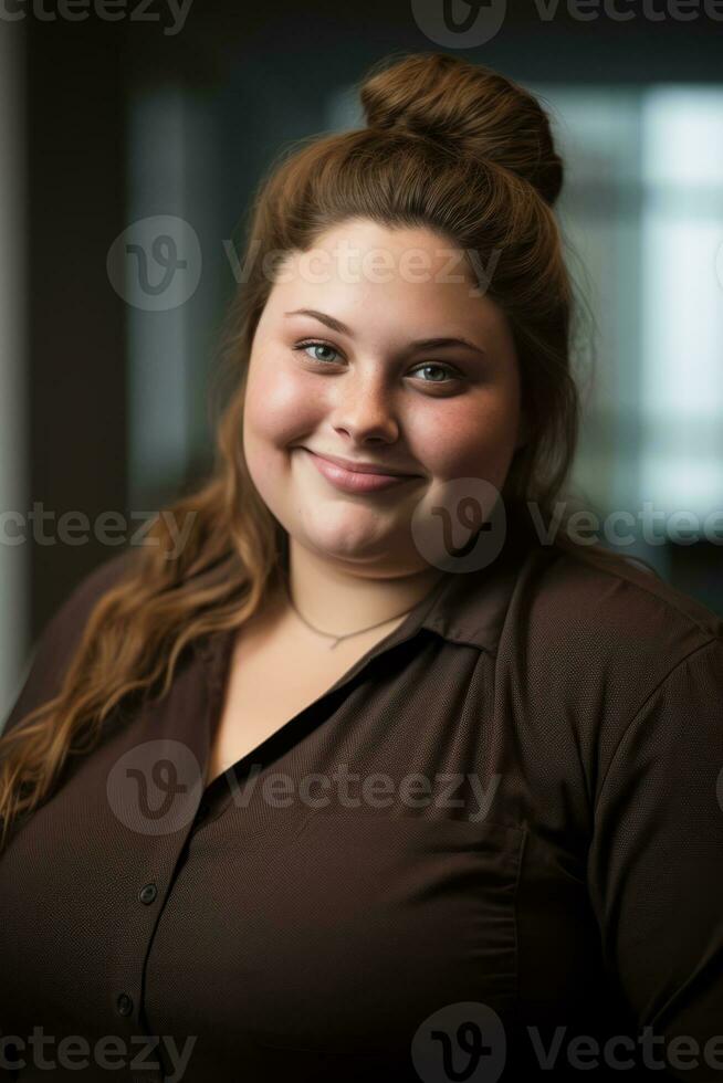 a woman in a brown shirt smiling at the camera generative ai photo