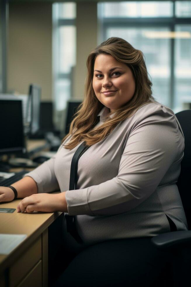 a woman sitting at a desk in an office generative ai photo