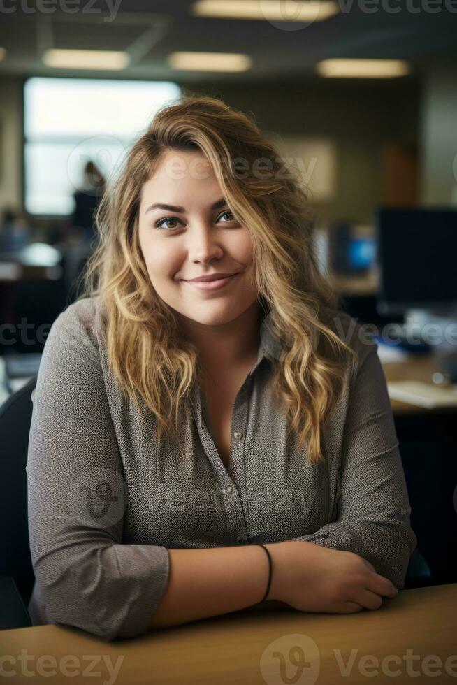 a woman sitting at a desk in an office generative ai photo