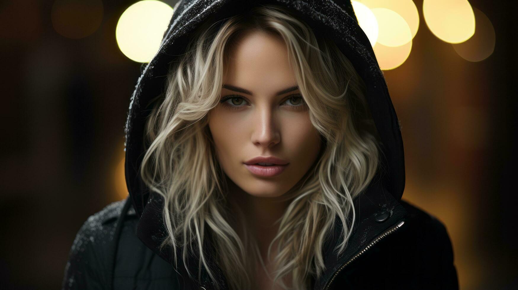 a beautiful blonde woman in a black hoodie generative ai 32099153 Stock