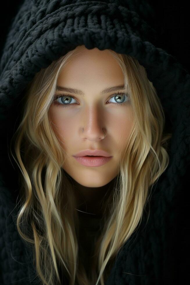 a beautiful blonde woman in a black hoodie generative ai photo