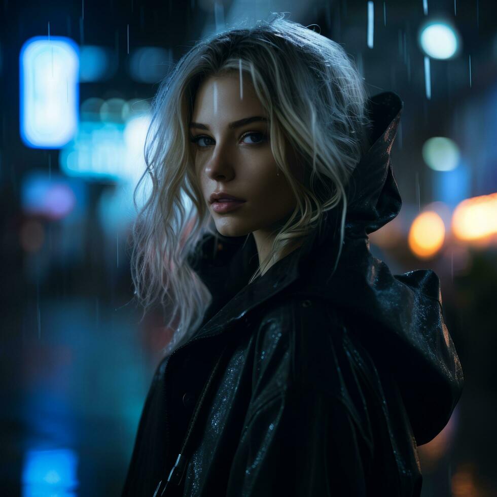 a beautiful blonde woman in a black jacket standing in the rain at night generative ai photo