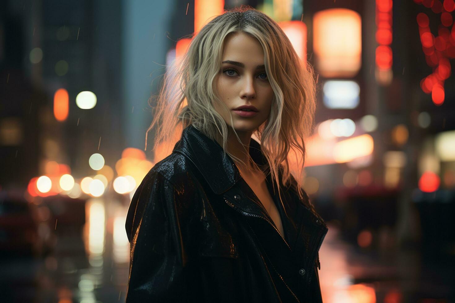 a beautiful blonde woman in a black leather jacket standing in the rain generative ai photo