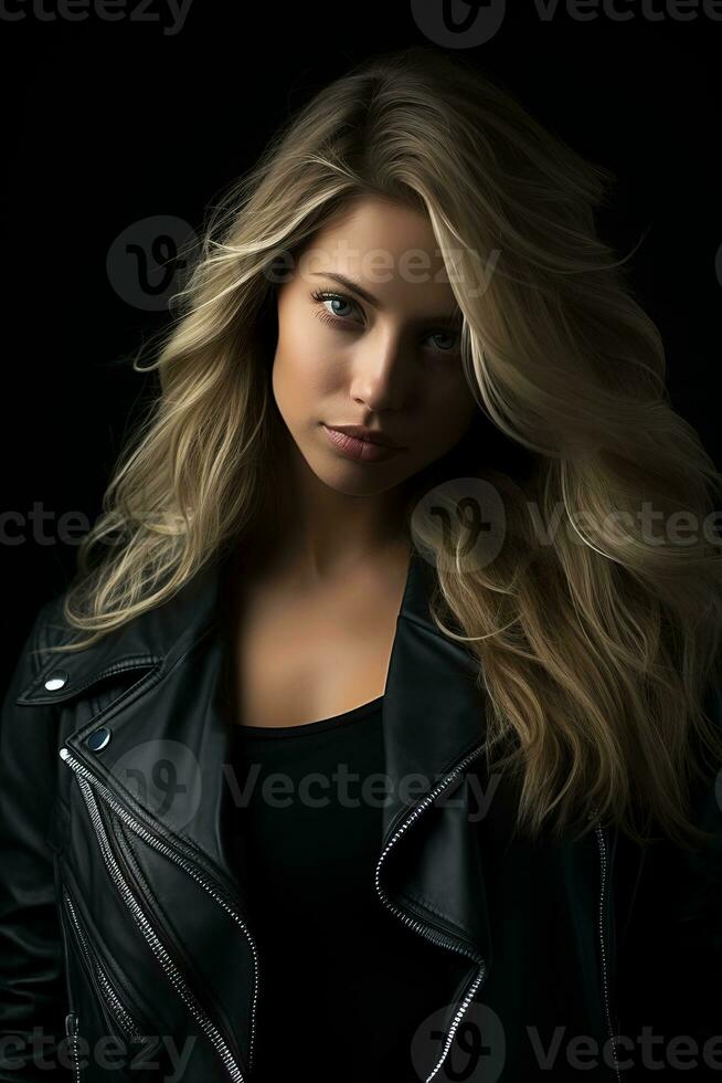 a beautiful blonde woman in a leather jacket generative ai photo