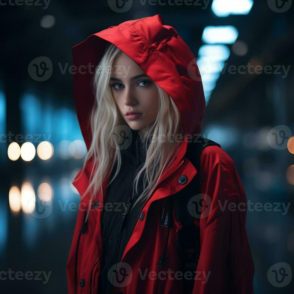a beautiful blonde woman in a red jacket generative ai photo