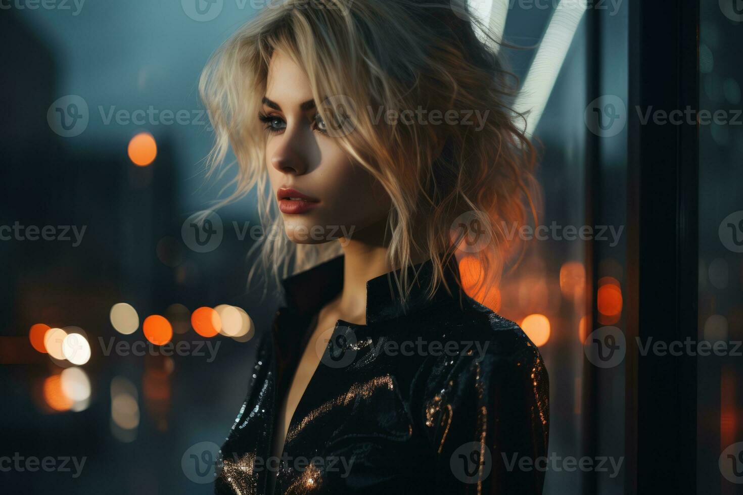 a beautiful blonde woman in a shiny black dress standing in front of a window at night generative ai photo