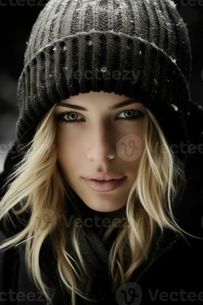 a beautiful blonde woman in a winter hat generative ai photo