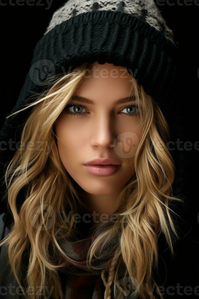 a beautiful blonde woman in a winter hat generative ai photo
