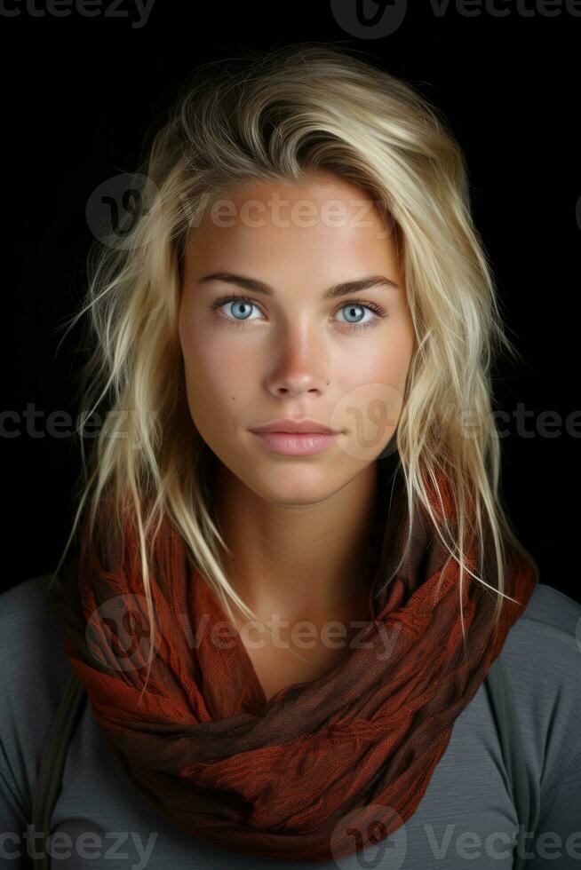 a beautiful blonde woman with blue eyes wearing an orange scarf generative ai photo