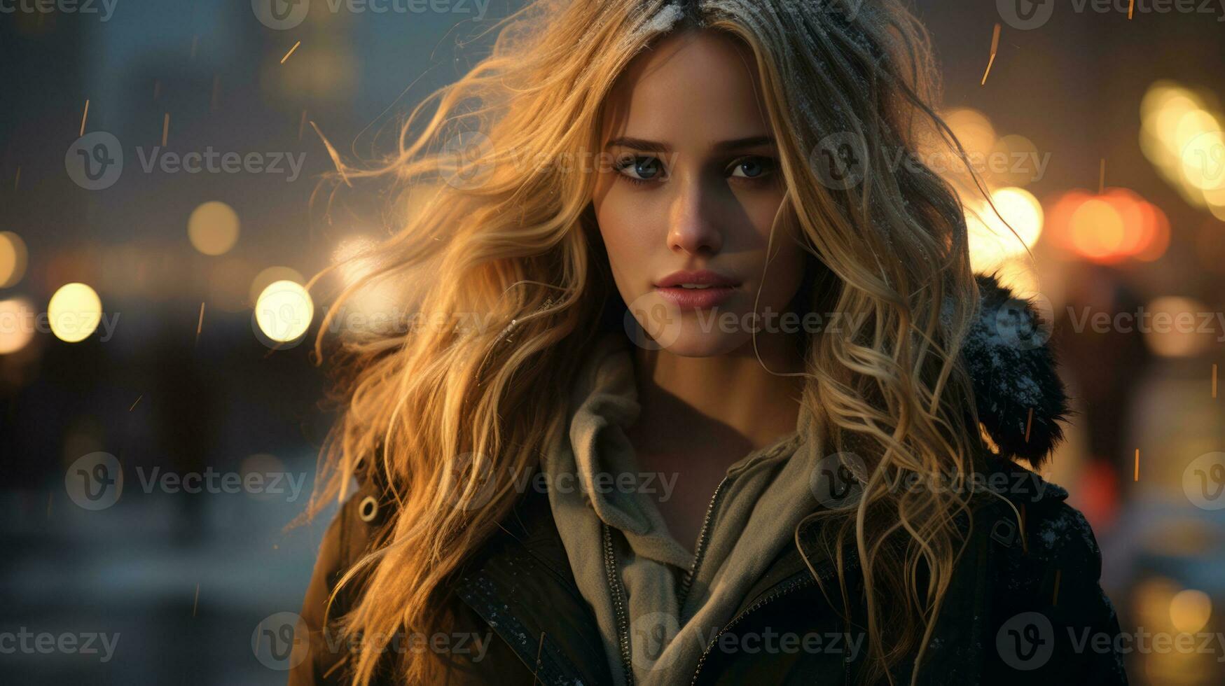 a beautiful blonde woman with long hair standing in front of a city at night generative ai photo