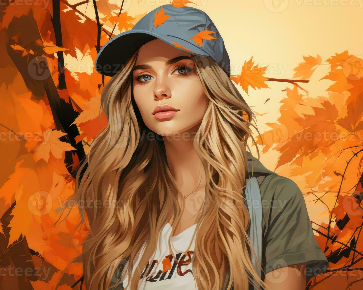 a beautiful woman in a baseball cap and jacket is standing in front of autumn leaves generative ai photo