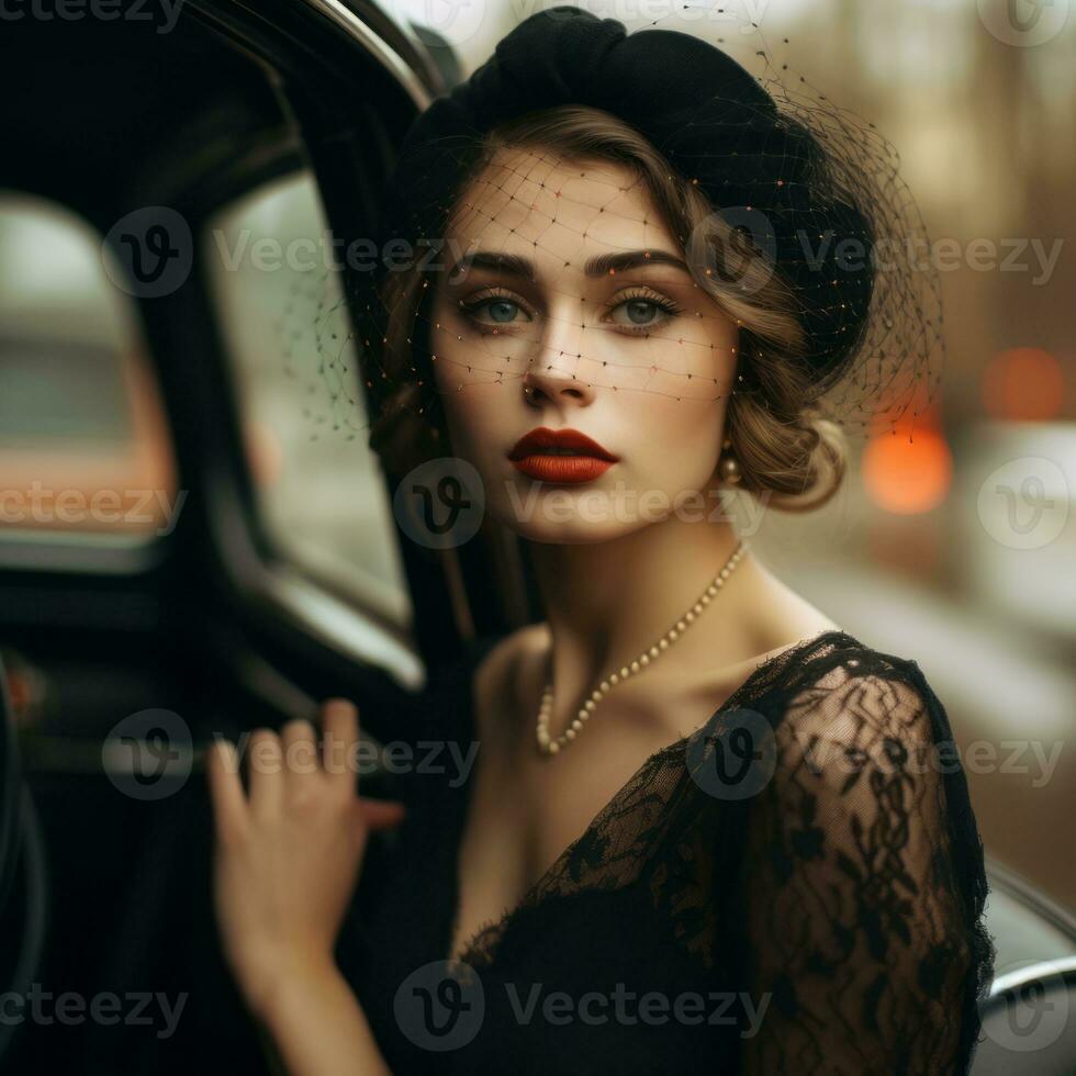 a beautiful woman in a black dress and hat sitting in the back of an old car generative ai photo