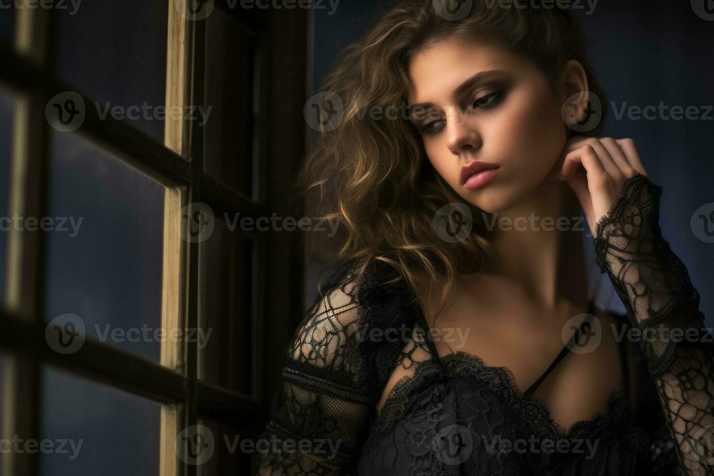 a beautiful woman in a black dress leaning against a window generative ai photo