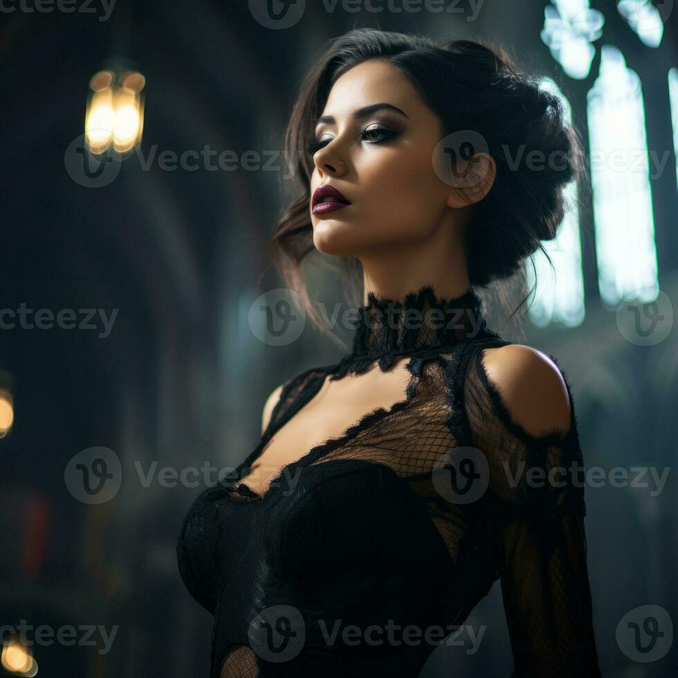 a beautiful woman in a black dress posing for the camera generative ai photo