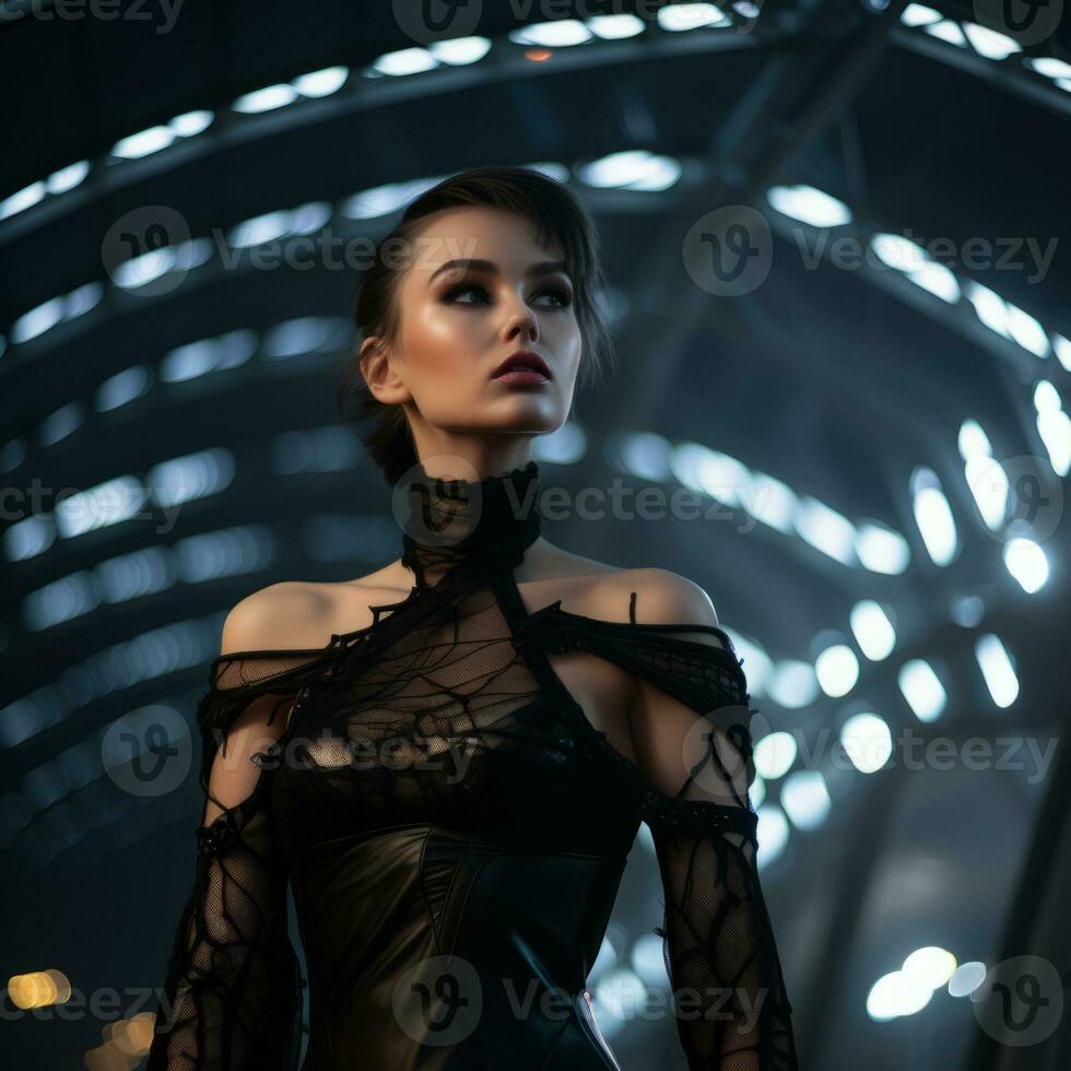 a beautiful woman in a black dress standing in front of a tunnel generative ai photo