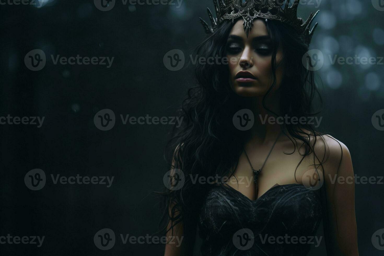 a beautiful woman in a black dress with a crown on her head generative ai photo