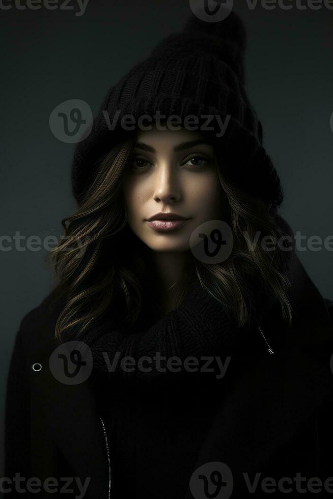 a beautiful woman in a black hat and scarf generative ai photo
