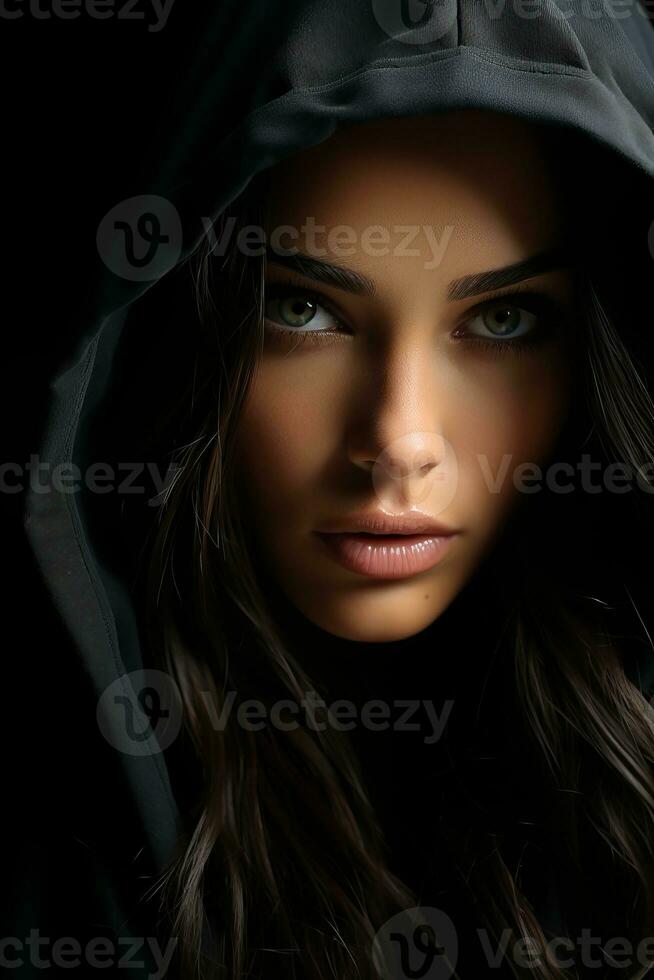 a beautiful woman in a black hoodie generative ai photo