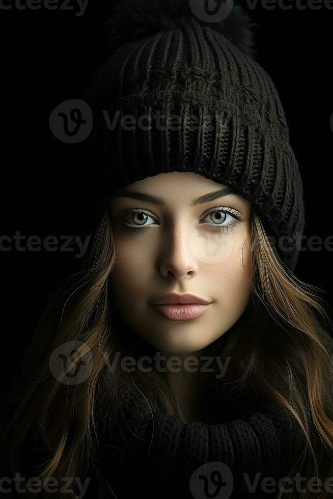 a beautiful woman in a black hat and scarf generative ai photo
