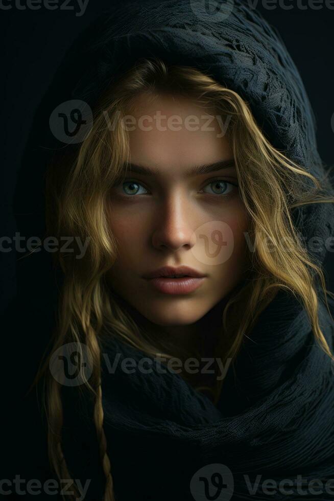 a beautiful woman in a black hooded scarf generative ai photo