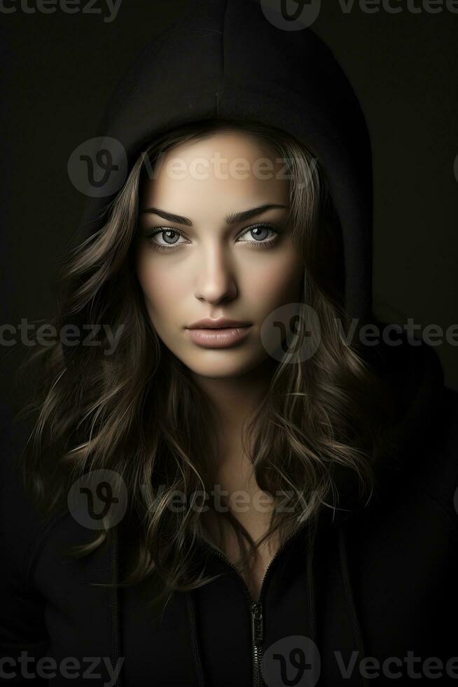 a beautiful woman in a black hoodie generative ai photo