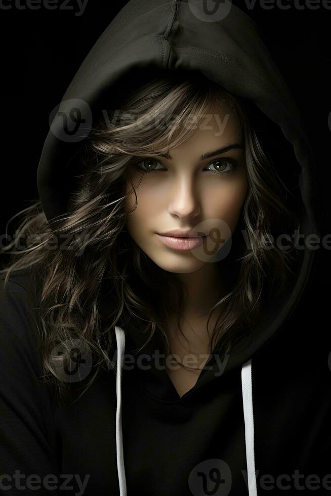 a beautiful woman in a black hoodie generative ai photo