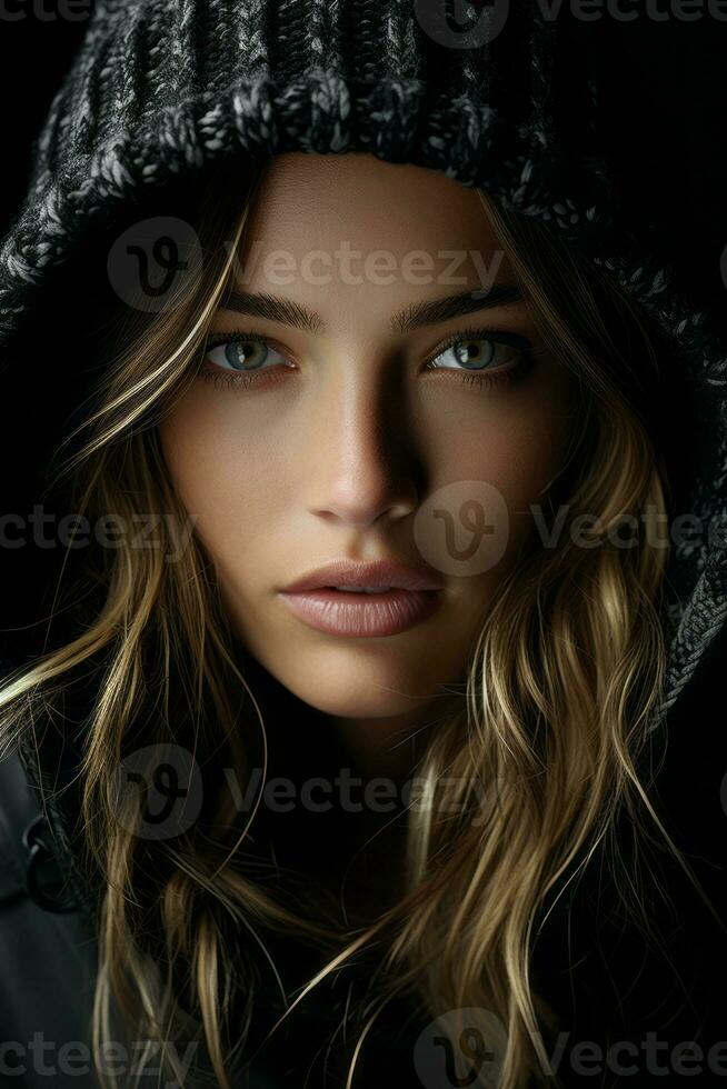 a beautiful woman in a black hoodie generative ai photo
