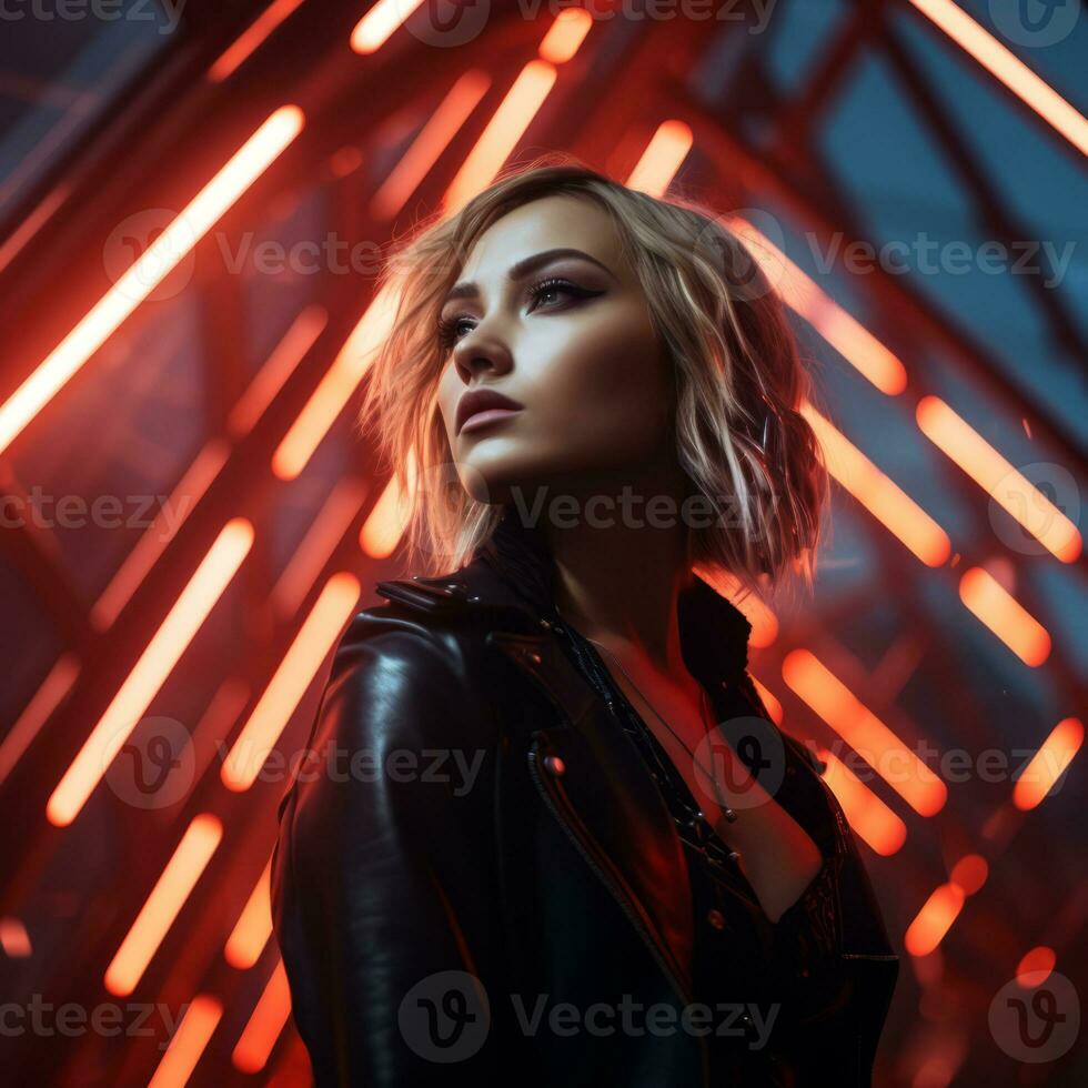 a beautiful woman in a black leather jacket standing in front of red neon lights generative ai photo