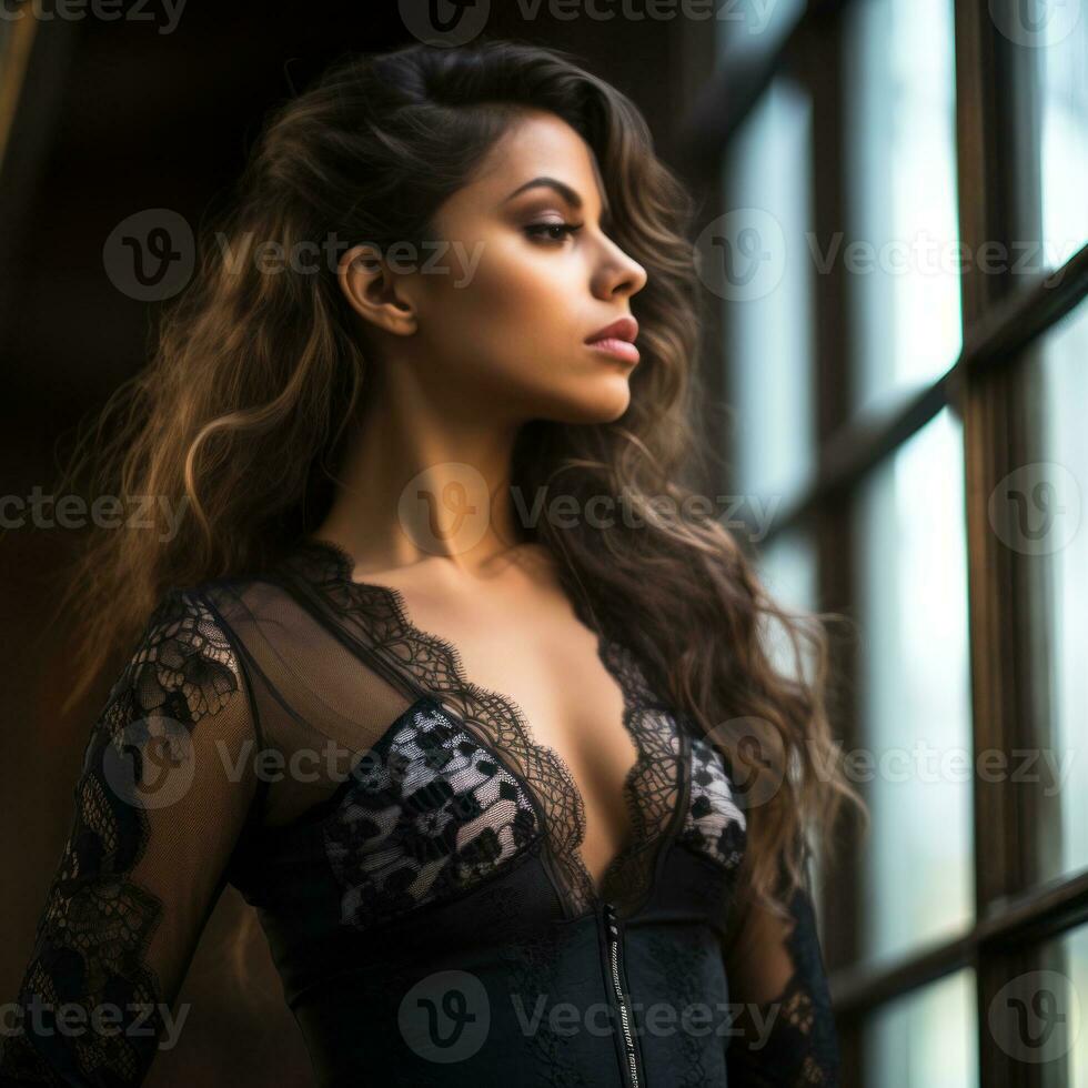 un hermosa mujer en un negro cordón vestir en pie por un ventana generativo ai foto