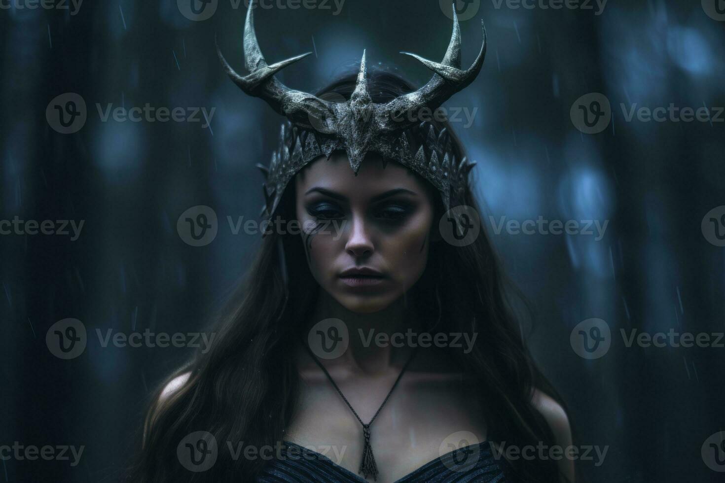 a beautiful woman in a forest with horns on her head generative ai photo