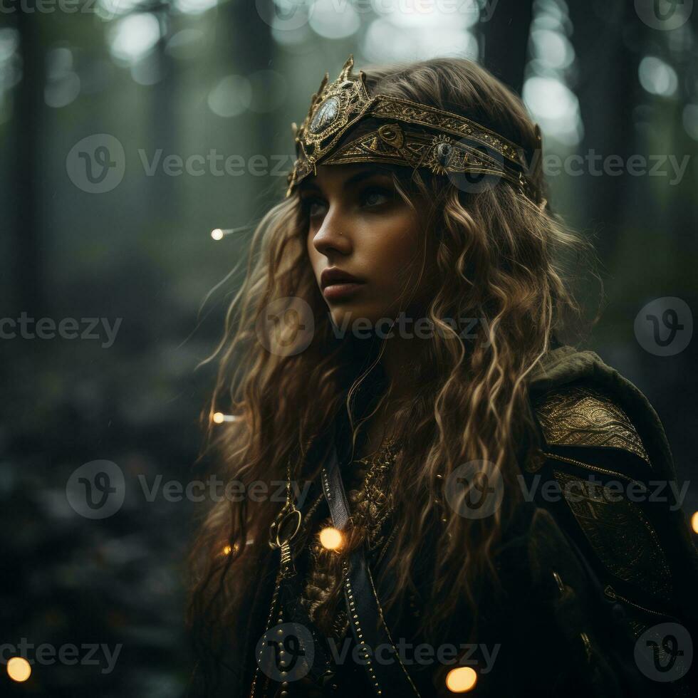 a beautiful woman in a forest with fairy lights generative ai photo