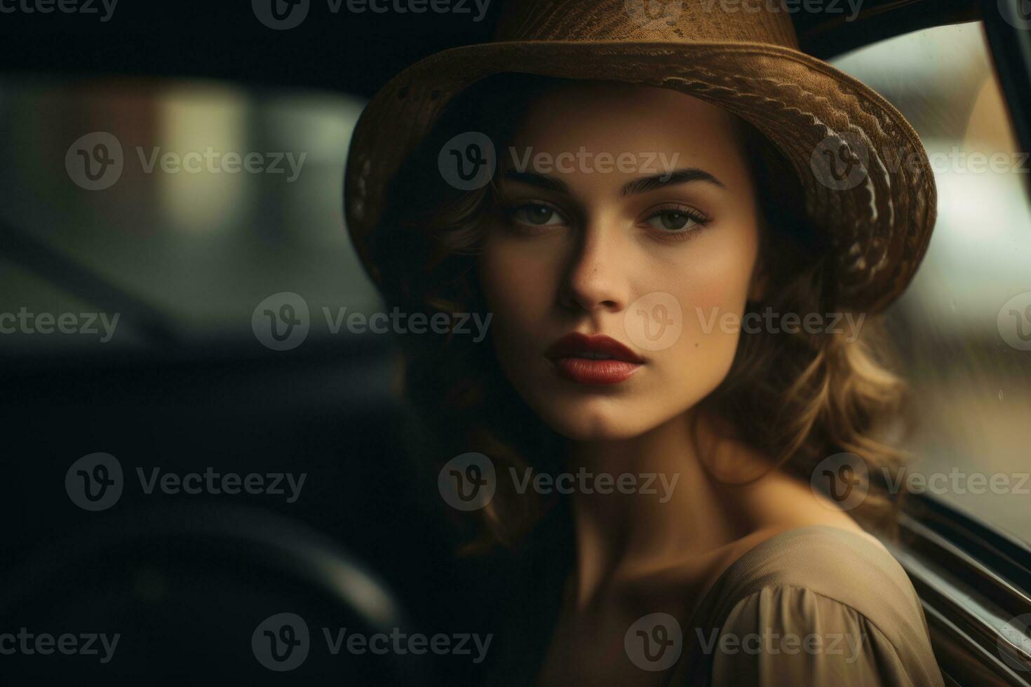 a beautiful woman in a hat sitting in a car generative ai photo