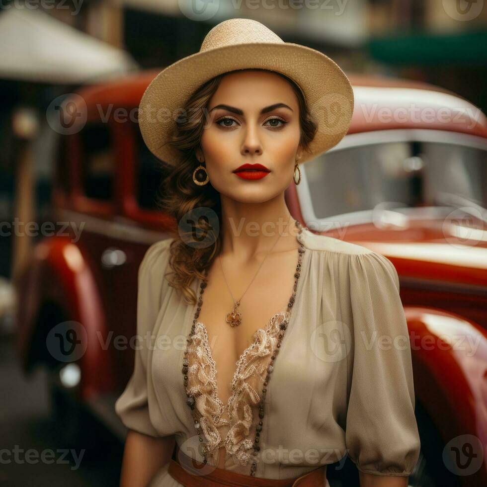 a beautiful woman in a hat and dress posing in front of an old car generative ai photo