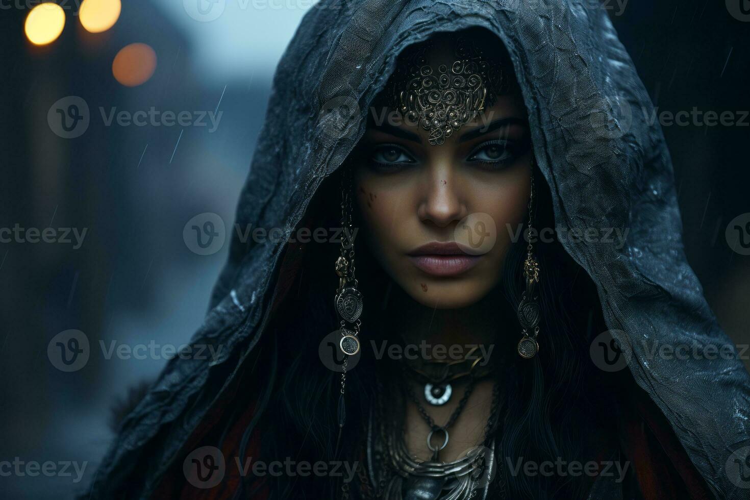 a beautiful woman in a hooded robe in the rain generative ai photo