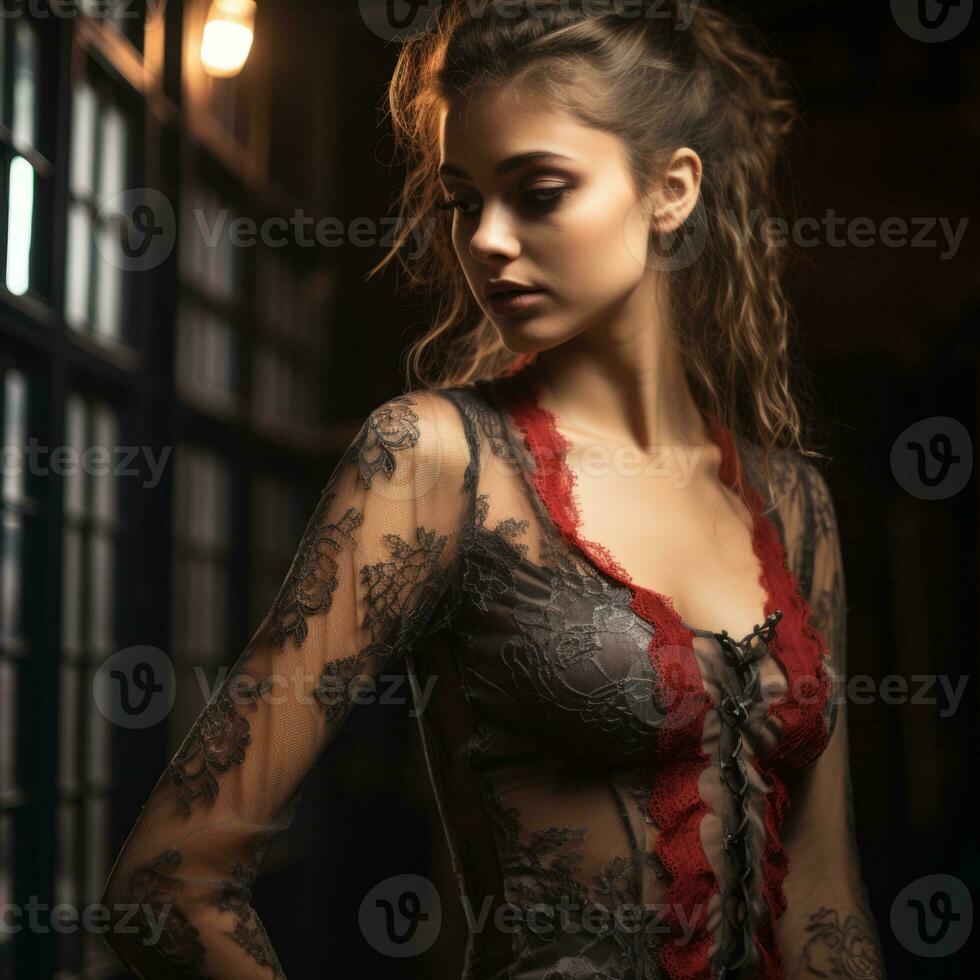 a beautiful woman in a lace dress standing in front of a window generative ai photo