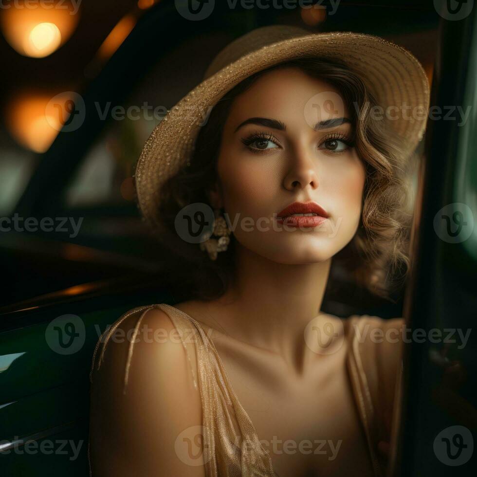 a beautiful woman in a hat sitting in the back of an old car generative ai photo
