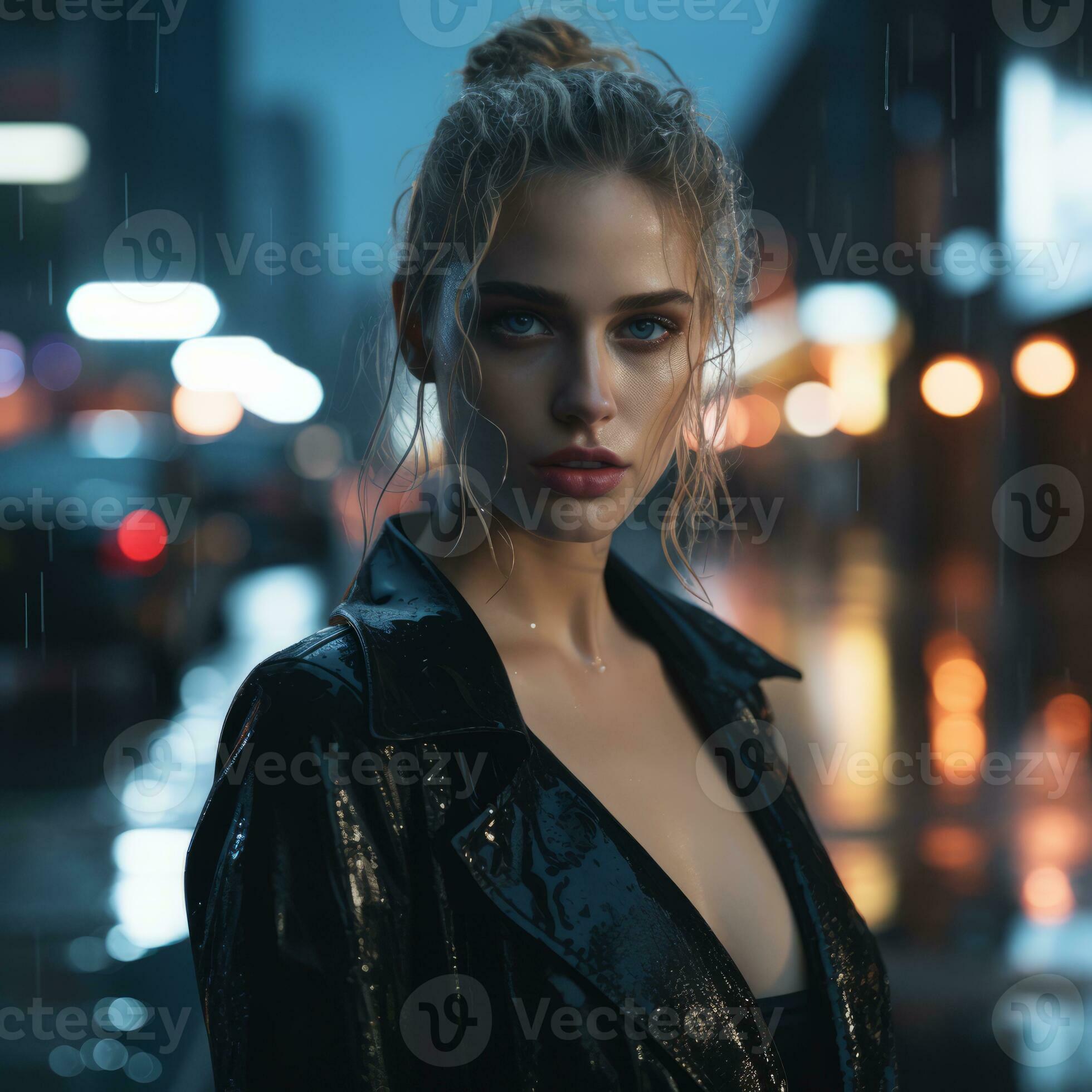 a beautiful woman in a wet leather jacket standing in the rain generative ai 32099735 Stock Photo at Vecteezy