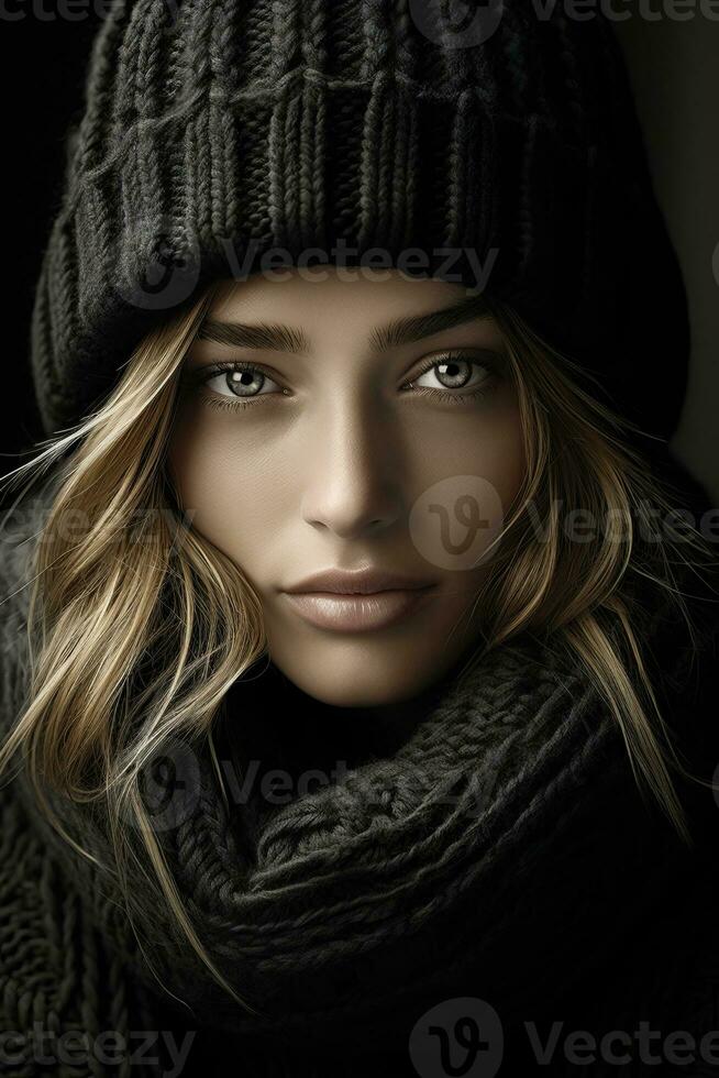 a beautiful woman in a winter hat and scarf generative ai photo