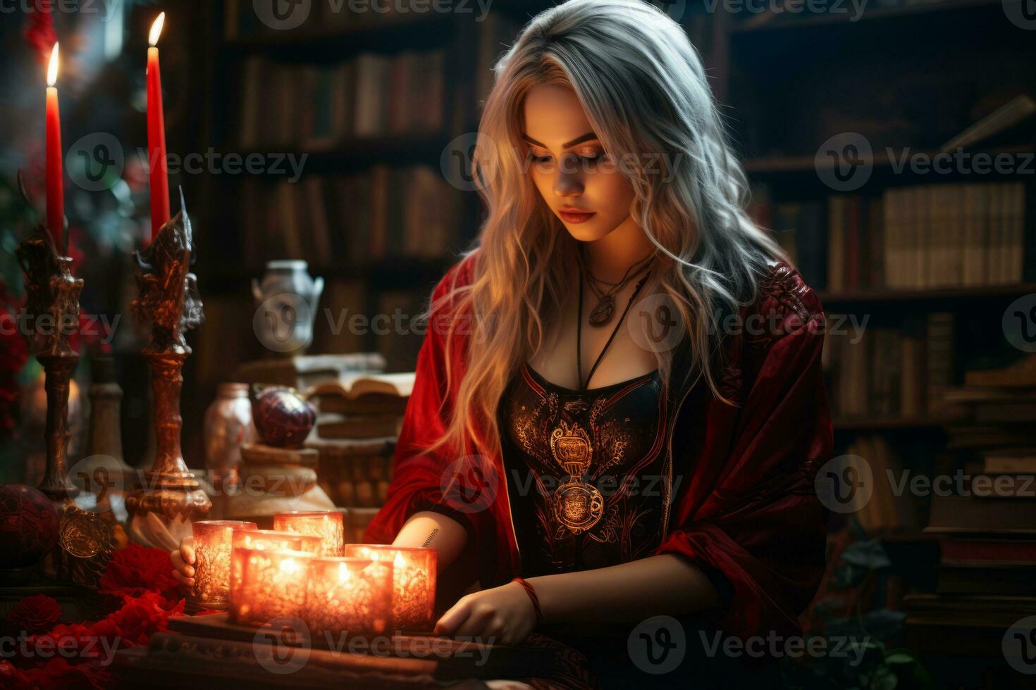 a beautiful woman in a red dress sitting in front of a book with candles generative ai photo