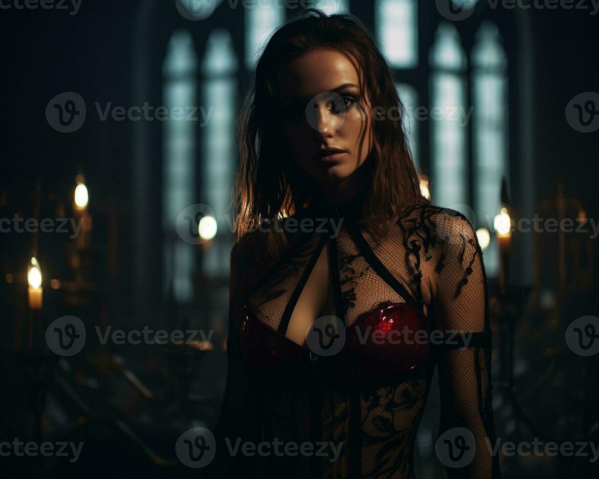 a beautiful woman in red lingerie standing in front of candles generative ai photo