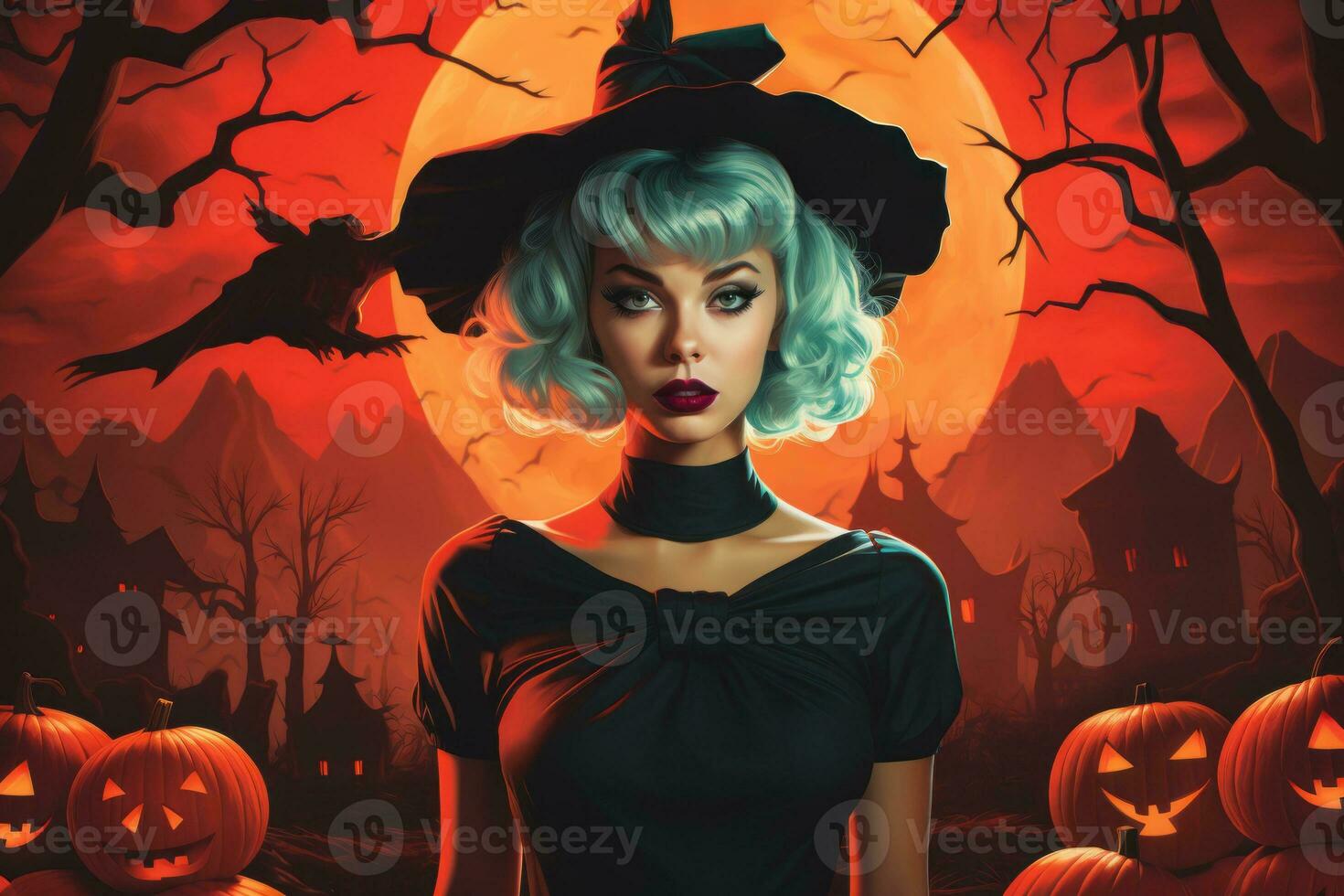 a beautiful woman in a witch costume is standing in front of pumpkins generative ai photo