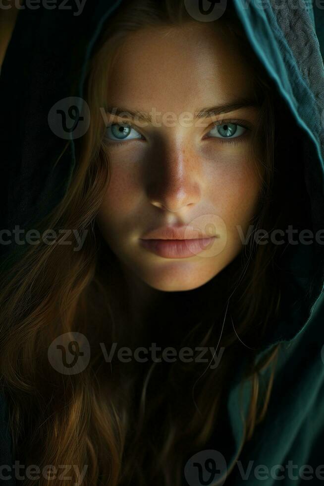 a beautiful woman with blue eyes in a hood generative ai photo