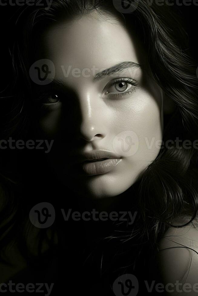 a beautiful woman with dark hair and eyes generative ai photo