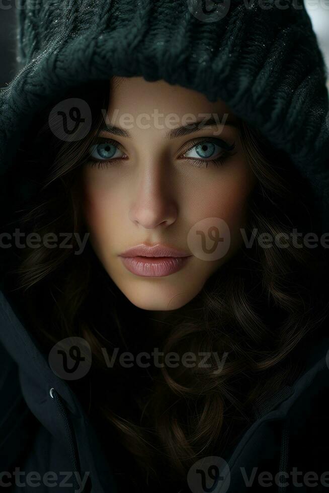 a beautiful woman with blue eyes wearing a hooded jacket generative ai photo