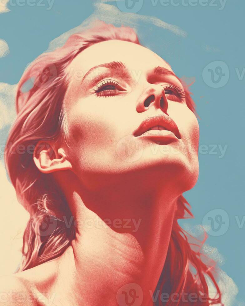a beautiful woman with her eyes closed in front of a blue sky generative ai photo