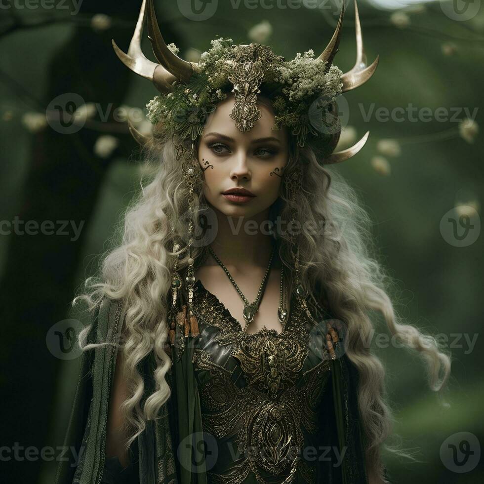 a beautiful woman with horns on her head in a forest generative ai photo