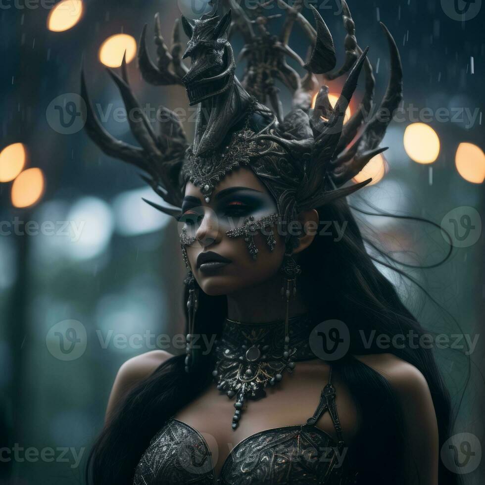 a beautiful woman with horns on her head in the rain generative ai photo